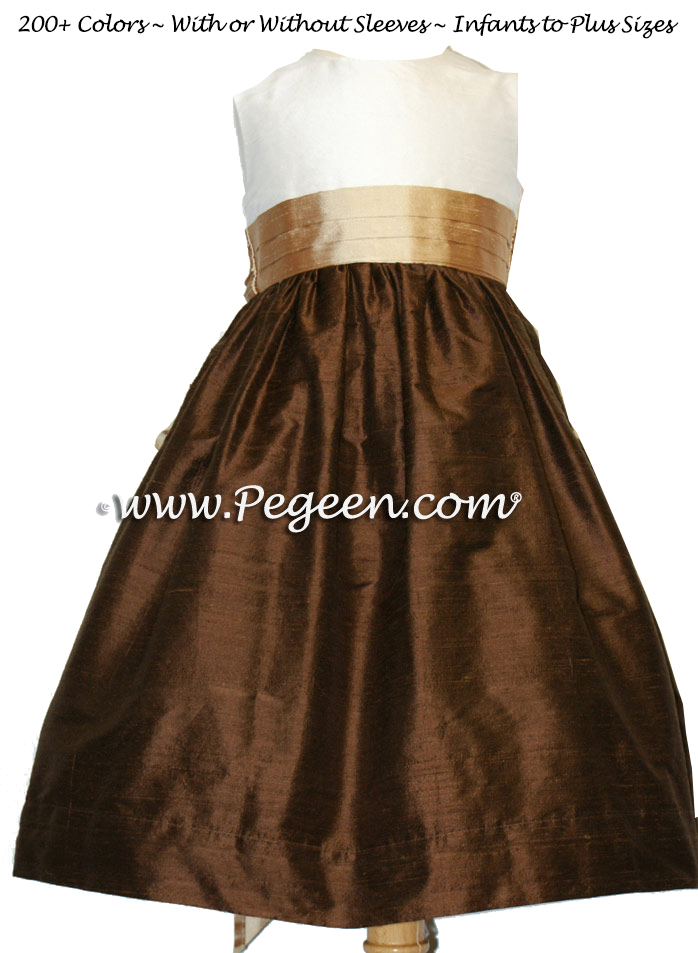 Chocolate brown and camel silk flower girl dresses
