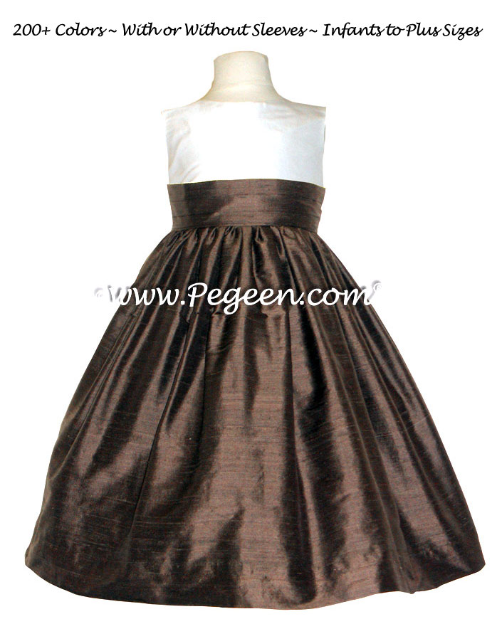 CUSTOM FLOWER GIRL DRESSES in chocolate and new ivory silk - Pegeen Classic style 398