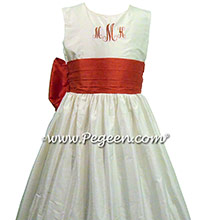 Monogrammed silk flower girl dresses in Christmas Red and New Ivory