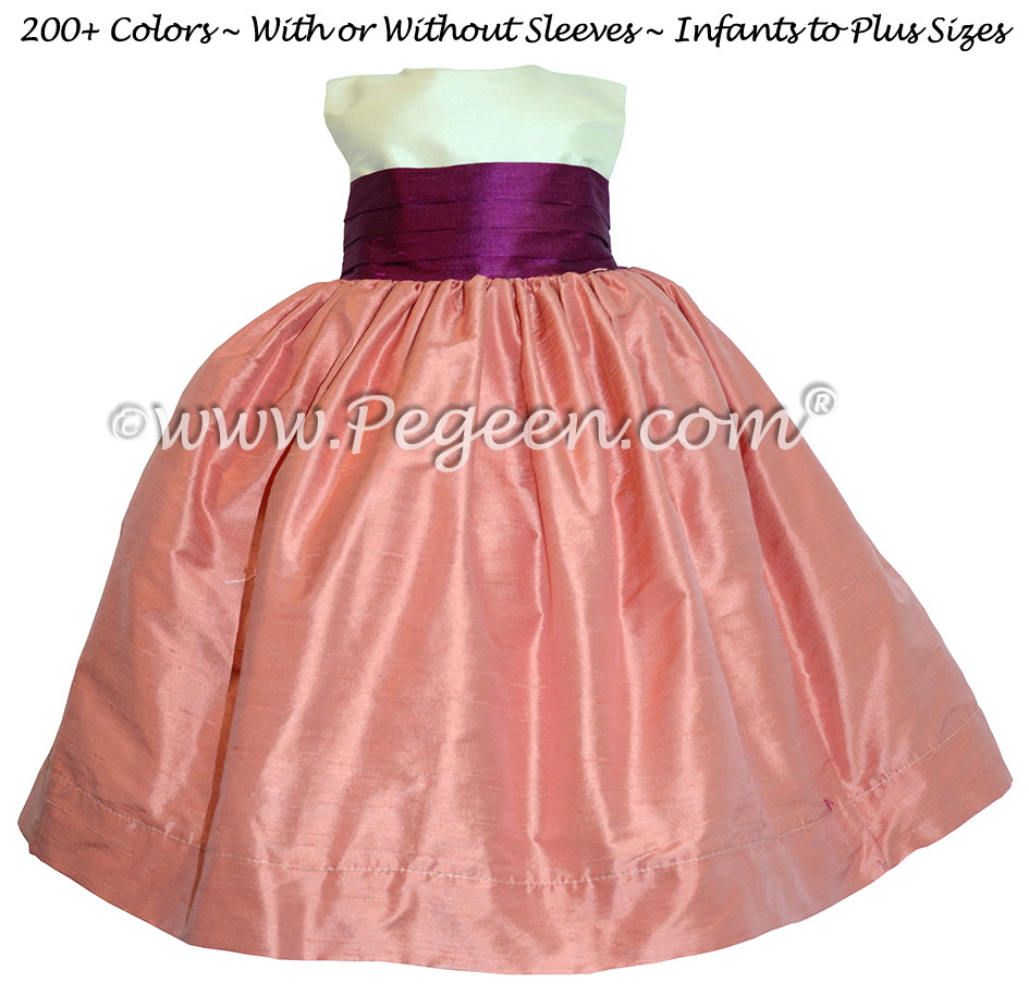 Coral Rose & Berry Silk with Back Bow FLOWER GIRL DRESSES