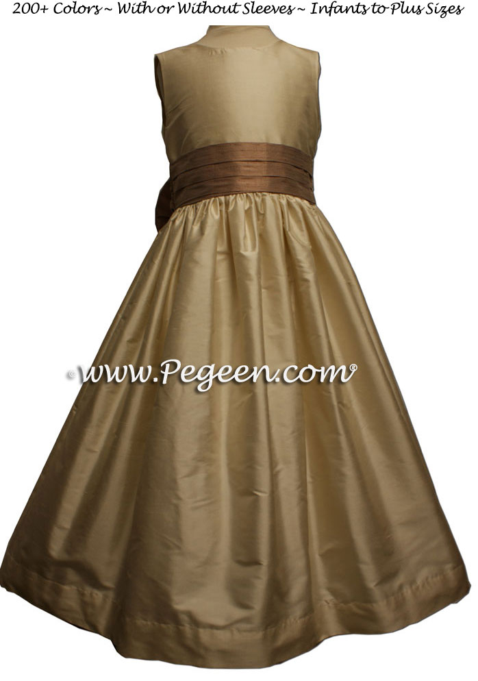 Buttercreme and antiqua taupe flower girl dress in silk