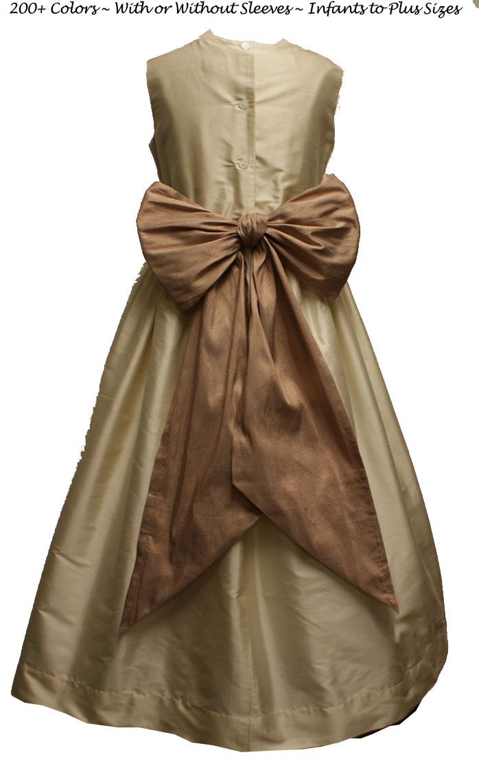 Buttercreme and antiqua taupe flower girl dress in silk
