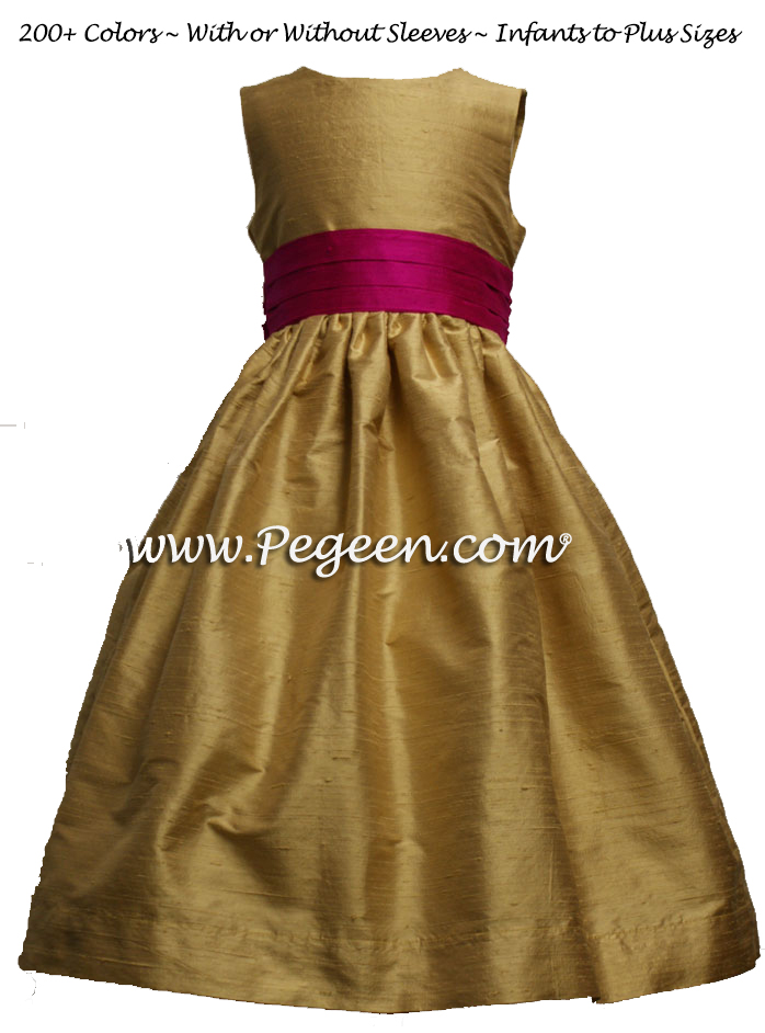 Spun Gold and Boing (fuschia)flower girl dress in silk 