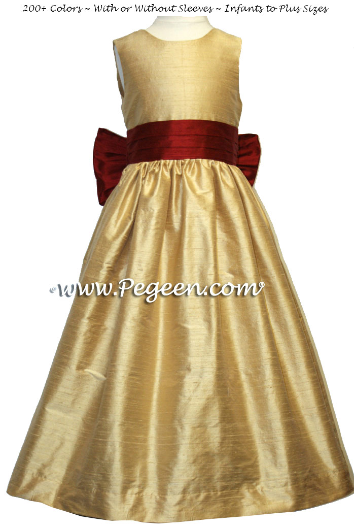 Spun Gold and Cranberry flower girl dress in silk