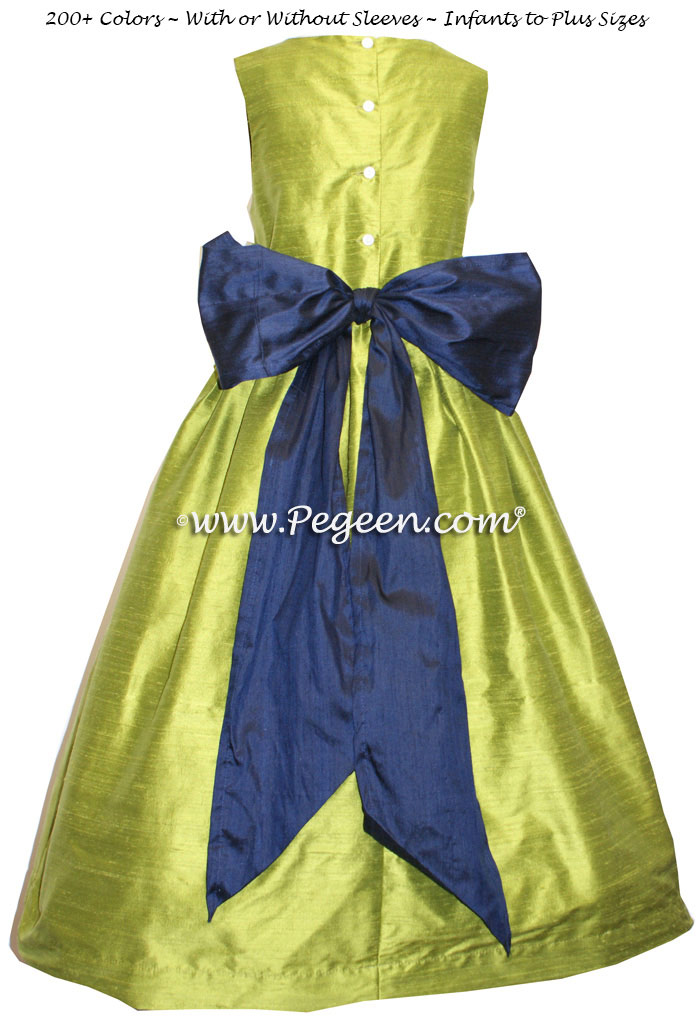 Flower Girl Dresses in Chartreuse Green and Navy Blue Silk | Pegeen