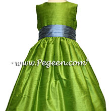 Silk Flower girl dresses in apple grass green and french blue
