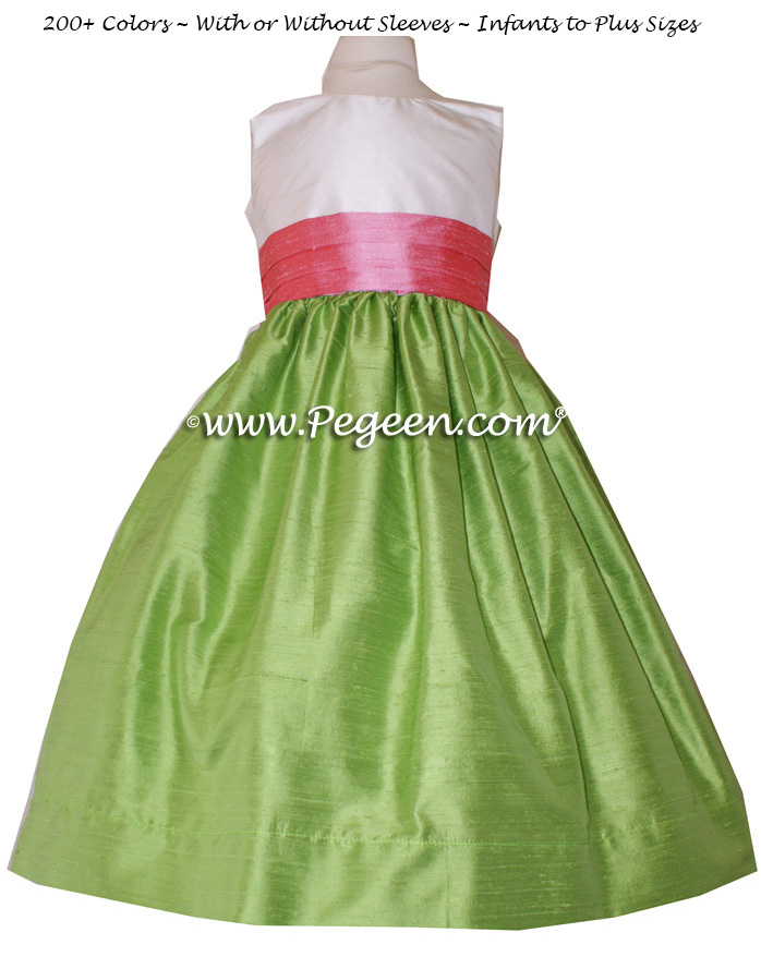 Flower Girl Dress in Gumdrop Pink and Jasmine Green, Pleated Sash | Pegeen
