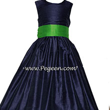 Navy and Green Silk Flower Girl Dress on Sale