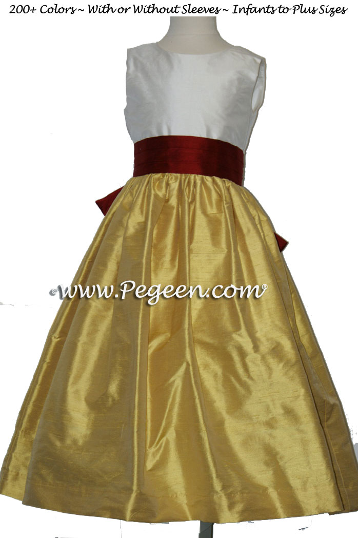Featured Wedding in Mustard, Cranberry Flower Girl Dress | Pegeen
