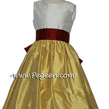 Mustard gold and cranberry red flower girl dresses