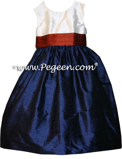 Navy and Mountain Fall flower girl dresses in silk style 398