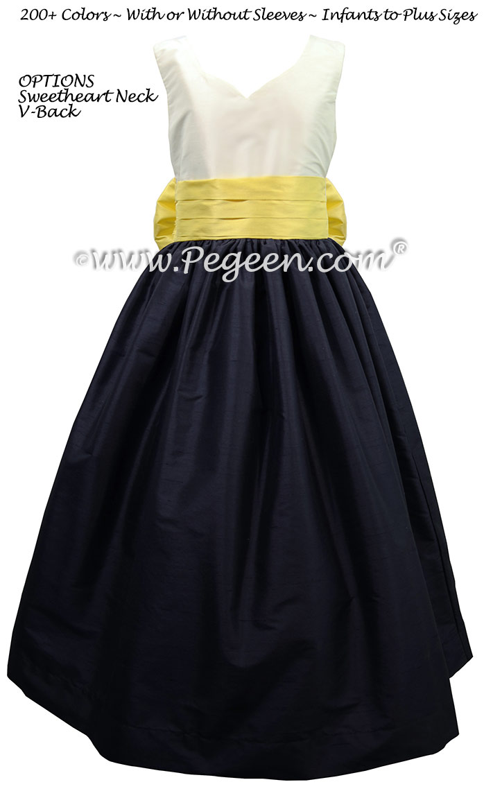 Antique White, Navy and Lemonade silk flower girl dresses