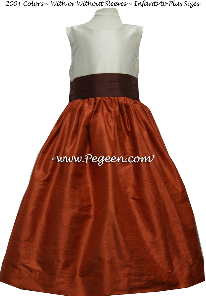 Orange & Chocolate Brown silk flower girl dresses