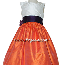 Orange and deep plum flower girl dresses in silk style 398 by Pegeen