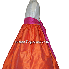 Orange and shock pink flower girl dresses in silk style 398 by Pegeen
