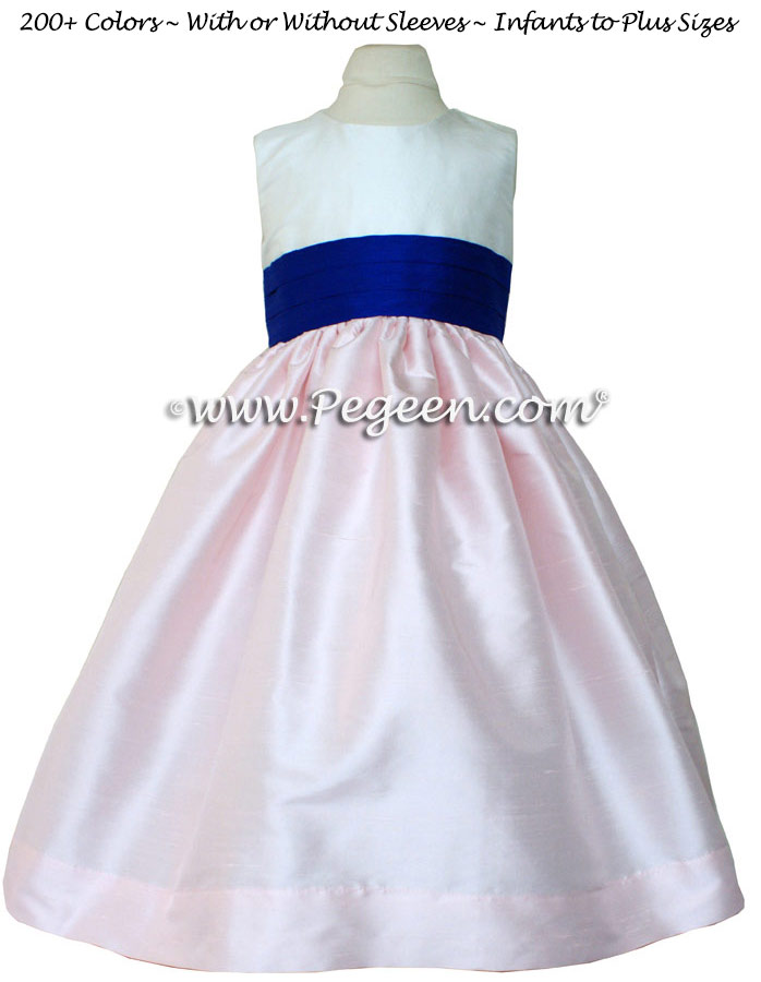 Ivory and Peony Pink and Sapphire Blue Flower Girl dress style 398 by Pegeen