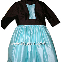 Tiffany blue POND and Semi-Sweet brown sash flower girl dresses style 398