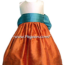 Pumpkin Orange, New ivory and Teal flower girl dresses Style 398