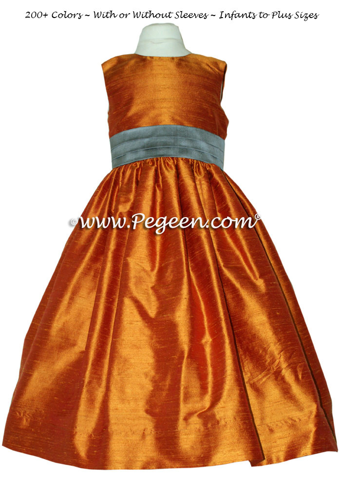 Flower girl dresses Style 398 in Pumpkin (orange) and Wolf Gray | Pegeen