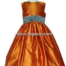 Pumpkin (orange) and Wolf Gray Silk flower girl dresses Style 398 by Pegeen