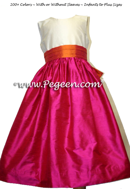 Pink raspberry and mango orange flower girl dresses