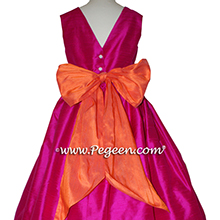 Raspberry and orange silk flower girl dress