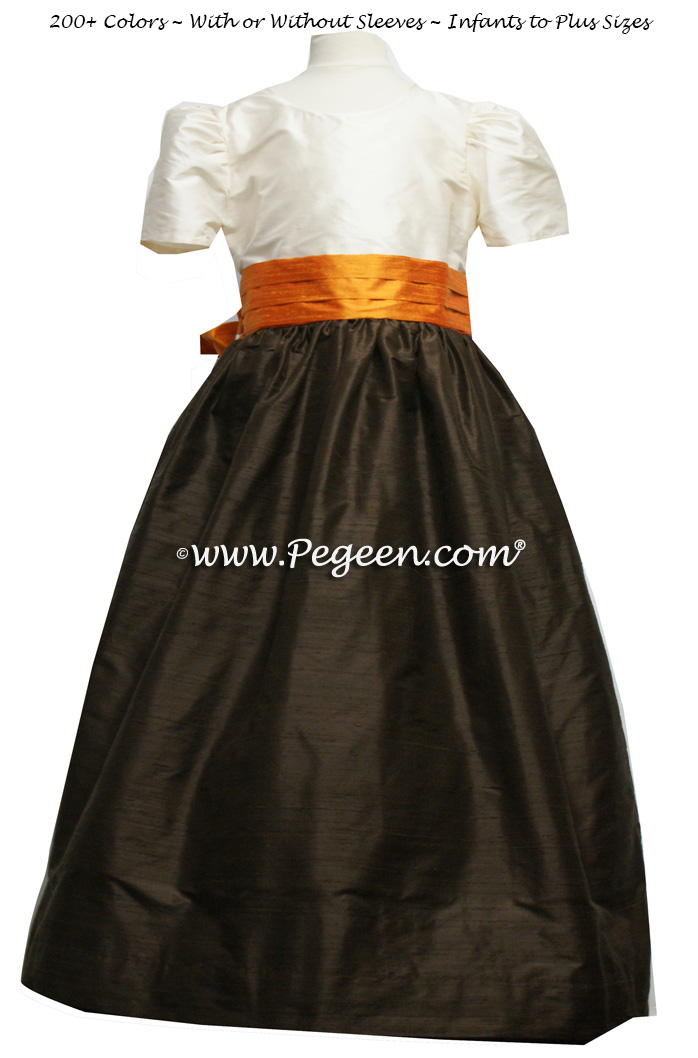 Flower girl dress Style 398 in Pumpkin Orange and semi-Sweet brown | Pegeen