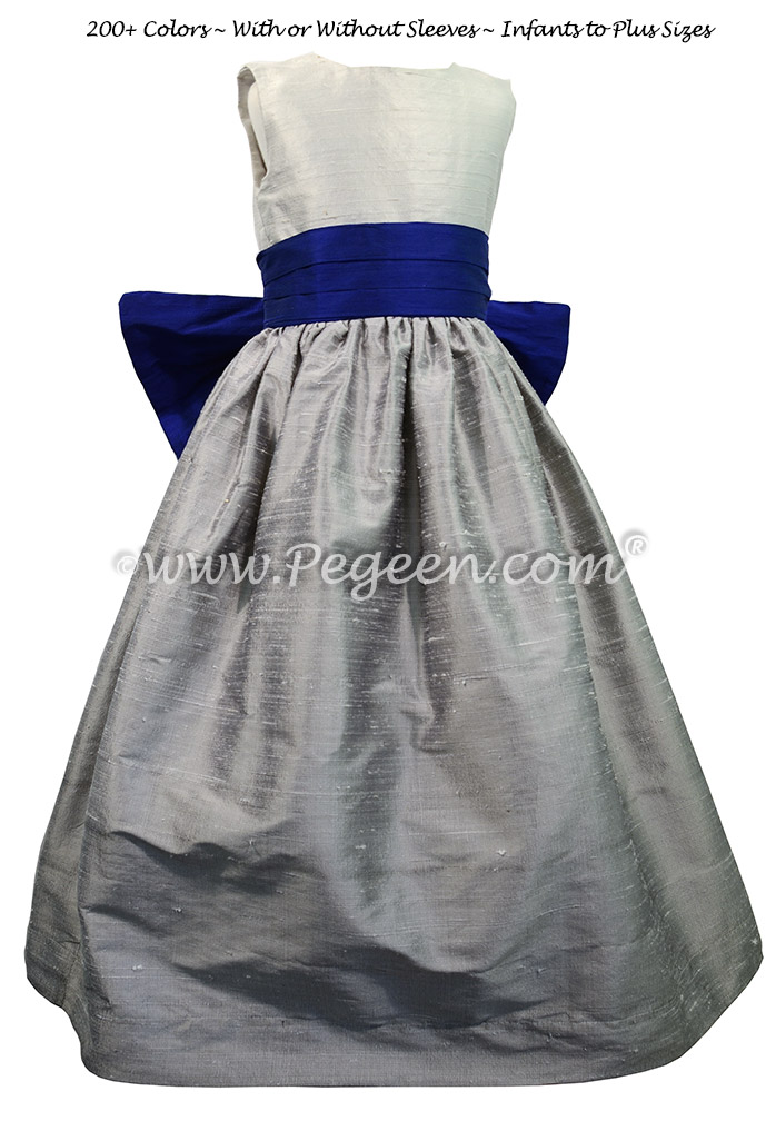 Silver Gray, Platinum Gray and Blue Indigo silk flower girl dresses