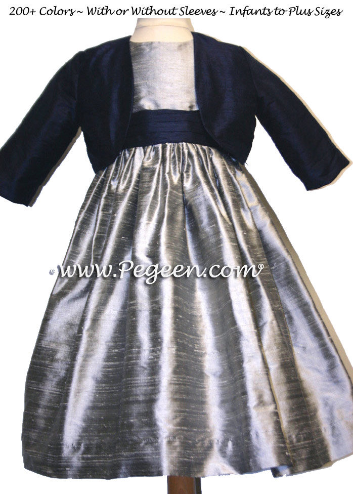 silver grey navy blue and Ivory Flower girl dresses