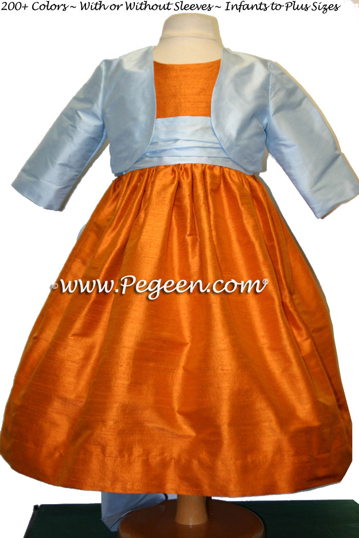 Bluebird and tangerine silk flower girl dresses