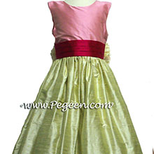 Bubble Gum Pink, Summer Green, And Raspberry Custom Silk Flower Girl Dresses Style 398