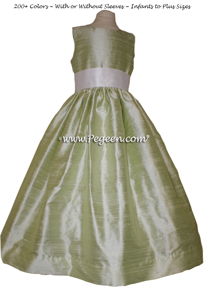 Flower girl dresses Style 398 Antique white and Spring Green | Pegeen