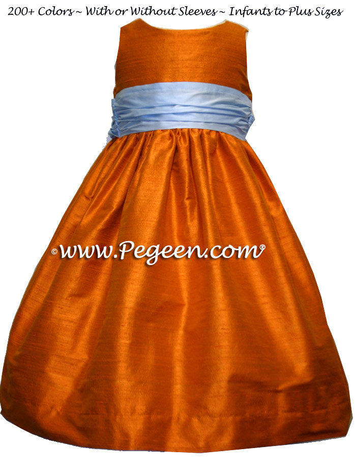 Bluebird and tangerine silk flower girl dresses