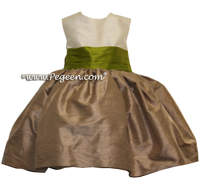 Flower Girl Dresses in Bisque, Antiqua Taupe and Grass Green Style 398 | Pegeen