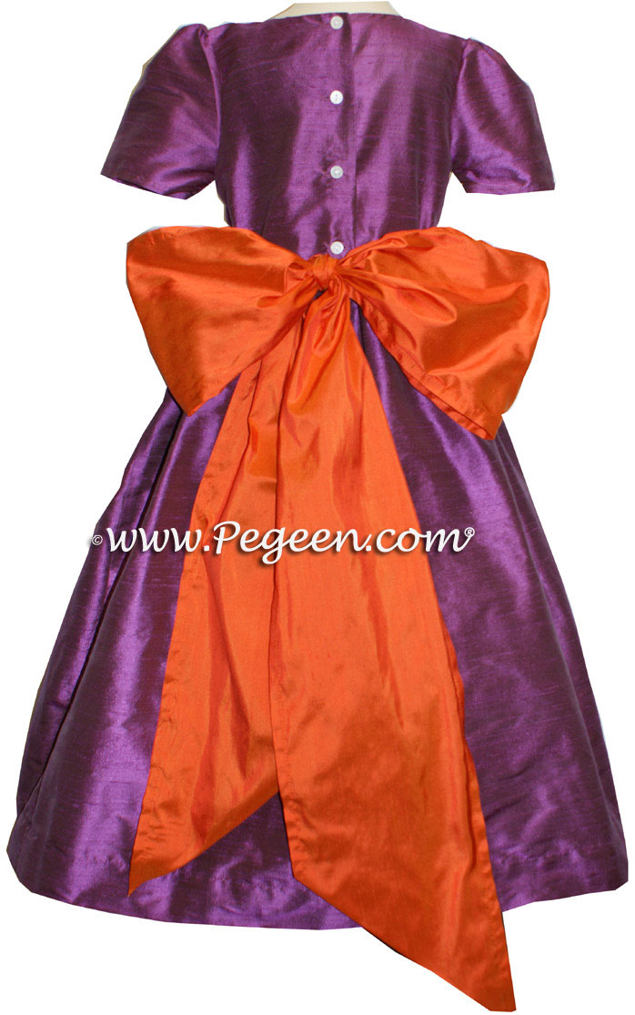 THISTLE PURPLE AND CARROT ORANGE SILK FLOWER GIRL DRESSES