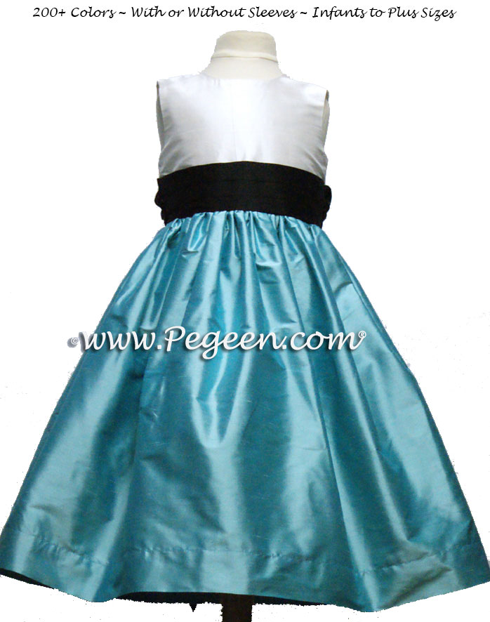 Tiffany Blue and Black Silk Custom Flower Girl Dress with Self Tie Sash | Pegeen