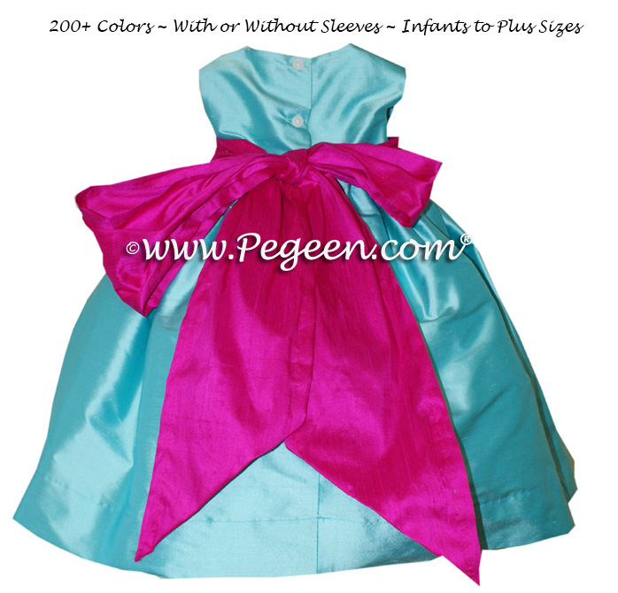 Flower Girl Dress Style 398 in Tiffany Blue and Boing Pink | Pegeen