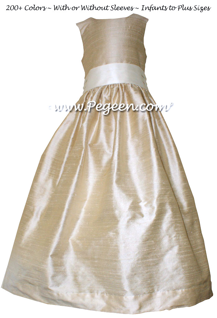 Bisque (creme) and Toffee flower girl dressStyle 398 by Pegeen