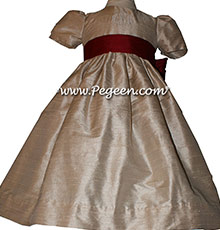 Toffee (light creme) and Cranberry Silk Flower Girl Dresses Style 398