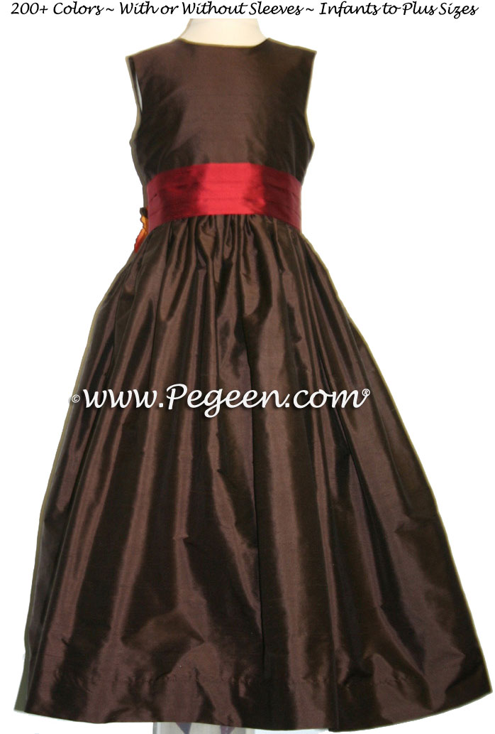 Poppy Red and chocolate brown CUSTOM FLOWER GIRL DRESSES