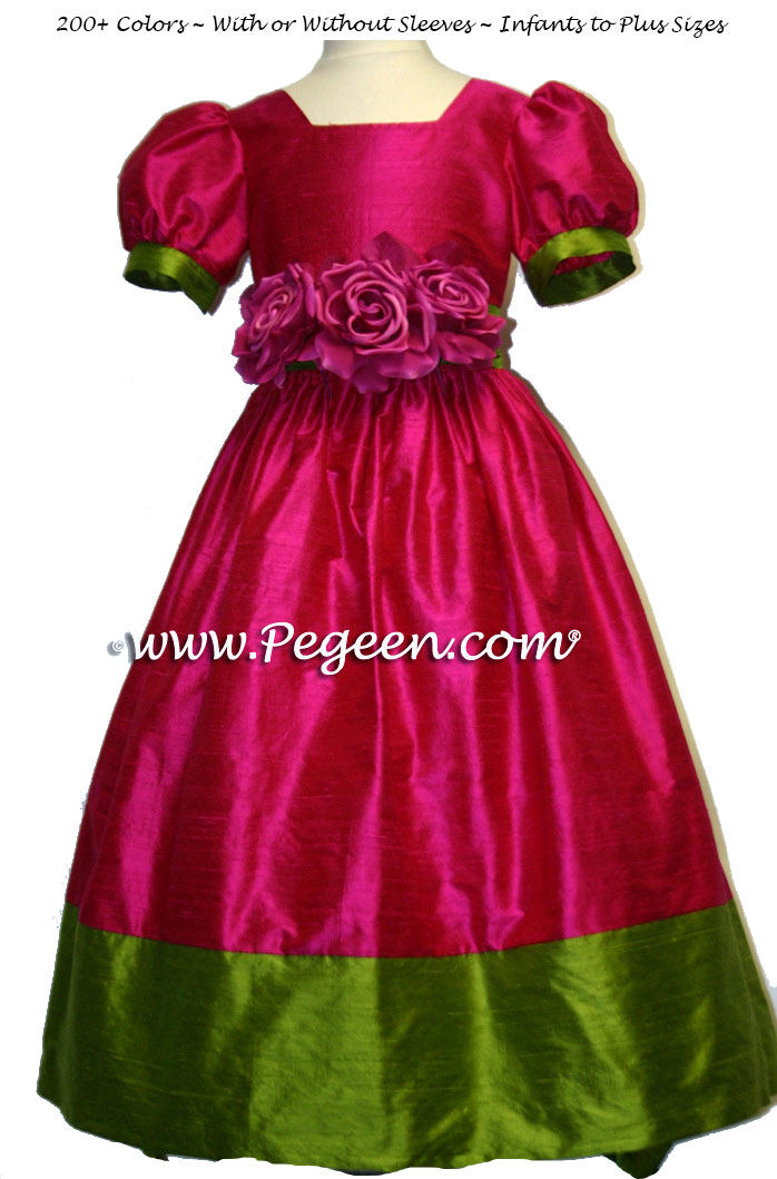 FLOWER GIRL DRESSES in Raspberry and Grass Green Silk
