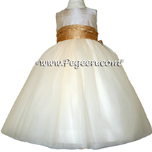 Camel, toffee and ivory tulle and silk flower girl dresses