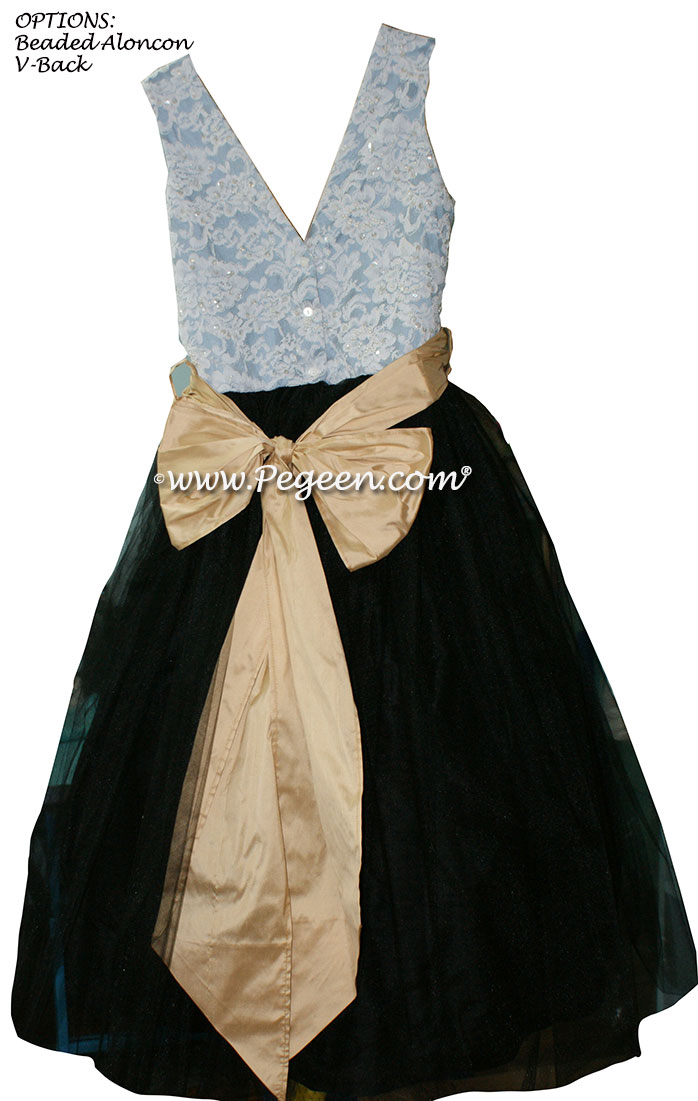 French Blue, Black and Pure Gold Tulle and aloncon Lace Tulle flower girl Dresses