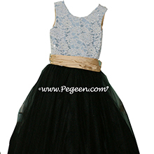 French Blue, Black and Pure Gold Tulle and aloncon Lace Tulle Flower Girl Dresses