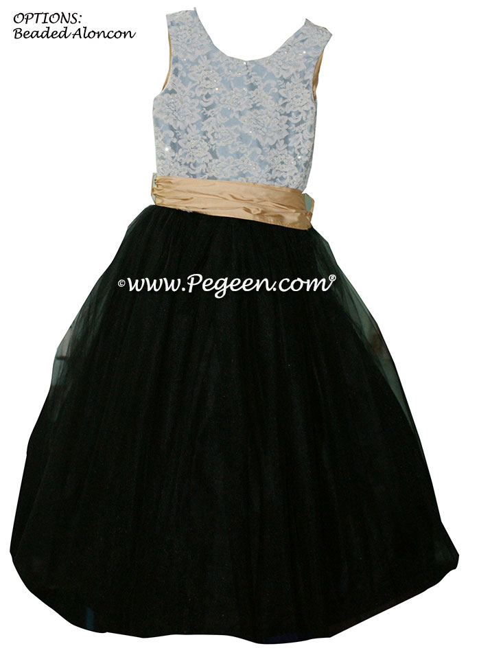 French Blue, Black and Pure Gold Tulle and aloncon Lace Tulle flower girl Dresses