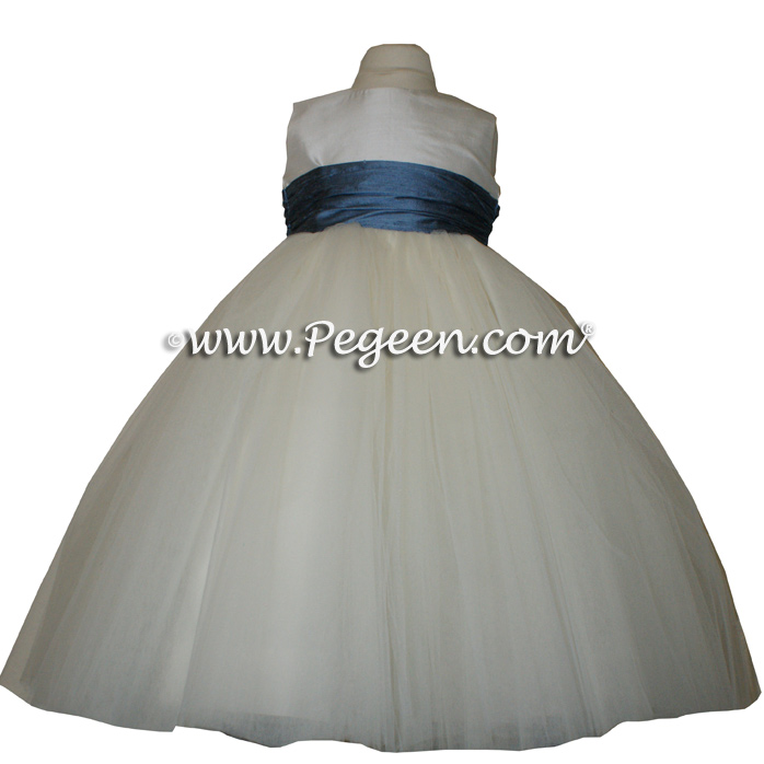 Arial Blue, Ivory Silk and Tulle flower girl dress