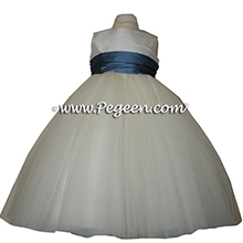 Arial Blue and New Ivory tulle and silk flower girl dresses 402 by Pegeen