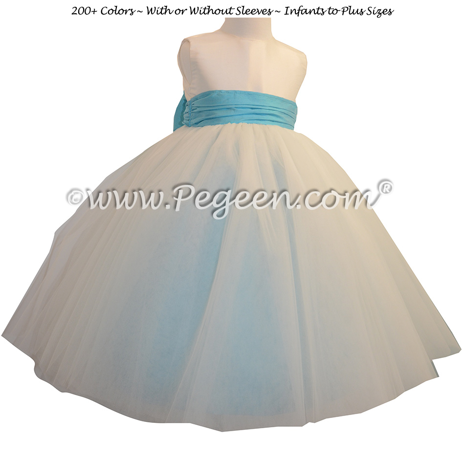 New Ivory and Bahama Breeze Silk and Tulle Silk Style 402 Flower Girl Dresses