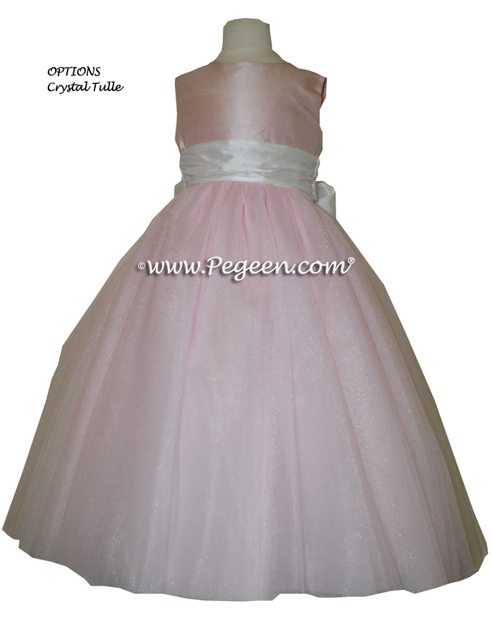 Antique White and Ballet Pink silk and tulle  flower girl dress