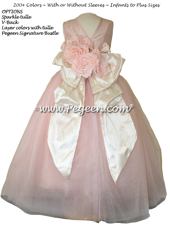 Pink Flowers, Bisque (creme) and Ballet Pink silk and tulle  flower girl dress